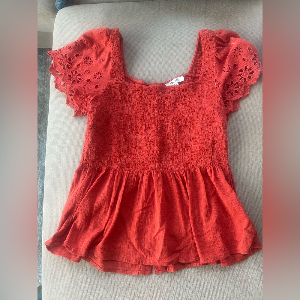 Madewell Red Flutter Sleeve Smocked Peplum Top